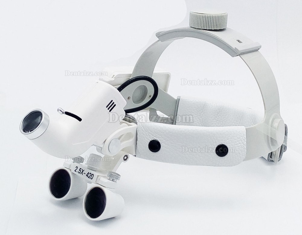 歯科外科手術医療用ヘッドルーペ 2.5X420mm ヘッドライト LED付き DY-105 ホワイト
